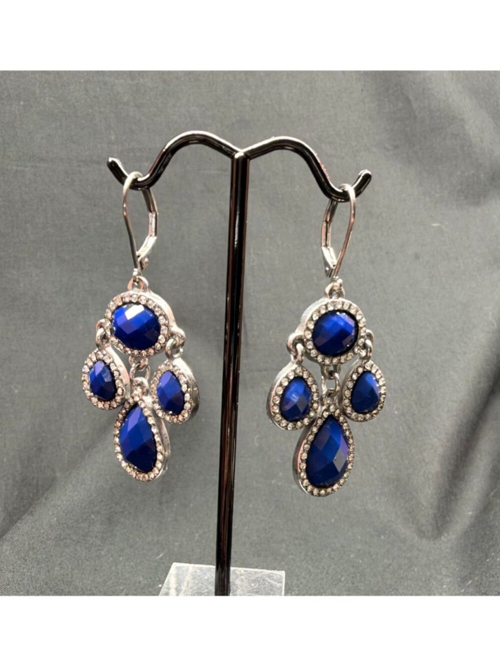 Cobalt Blue Silver Tone & Rhinestone Teardrop Chandelier Earrings Unbranded